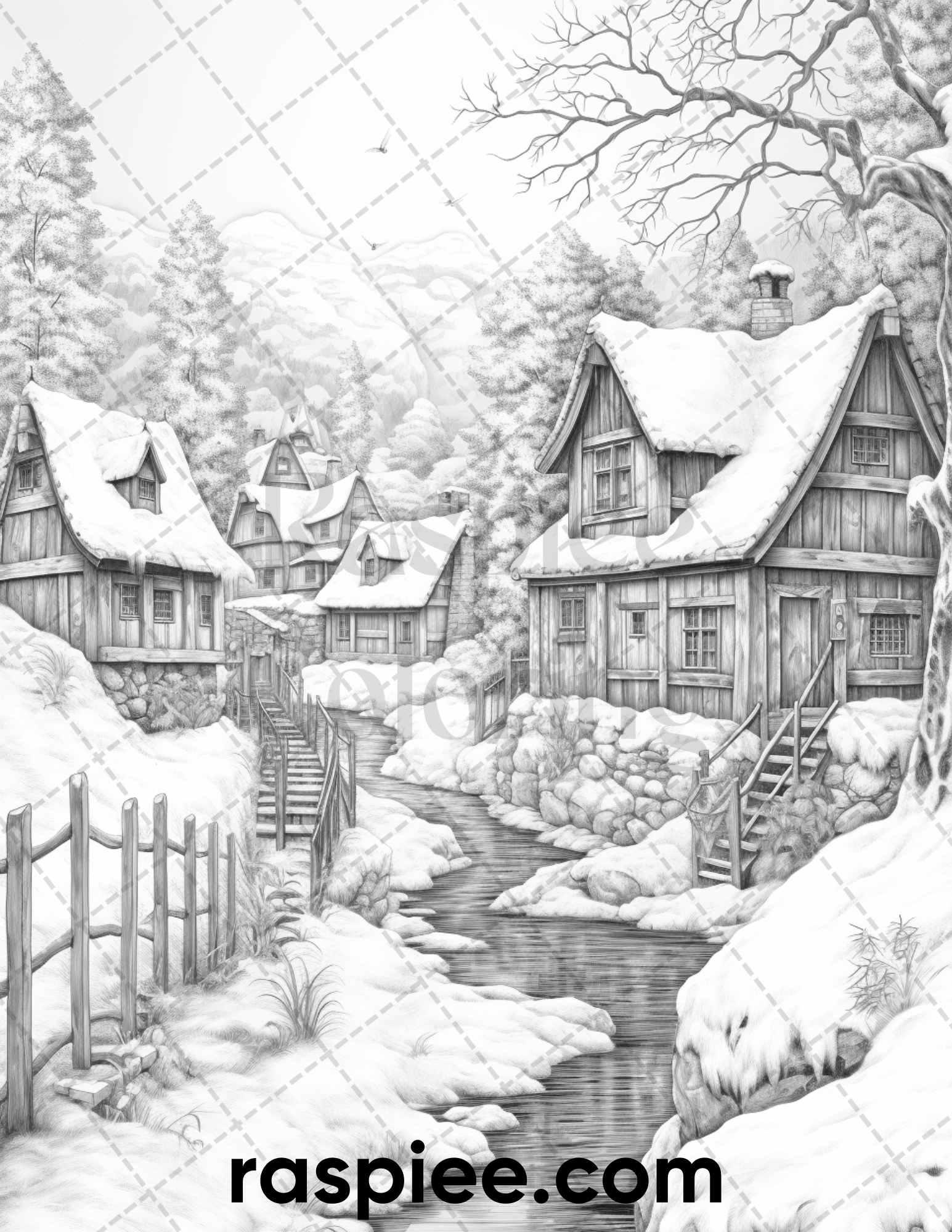 40 Fantasy Winter Village Grayscale Coloring Pages for Adults, PDF File Instant Download