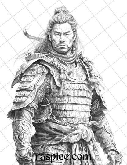 42 Japanese Samurai Grayscale Coloring Pages for Adults, Printable PDF File Instant Download