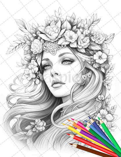 38 Flower Goddess Coloring Pages Printable for Adults, Grayscale Coloring Page, PDF File Instant Download