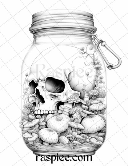 40 Halloween in Jar Grayscale Coloring Pages for Adults, Printable PDF File Instant Download