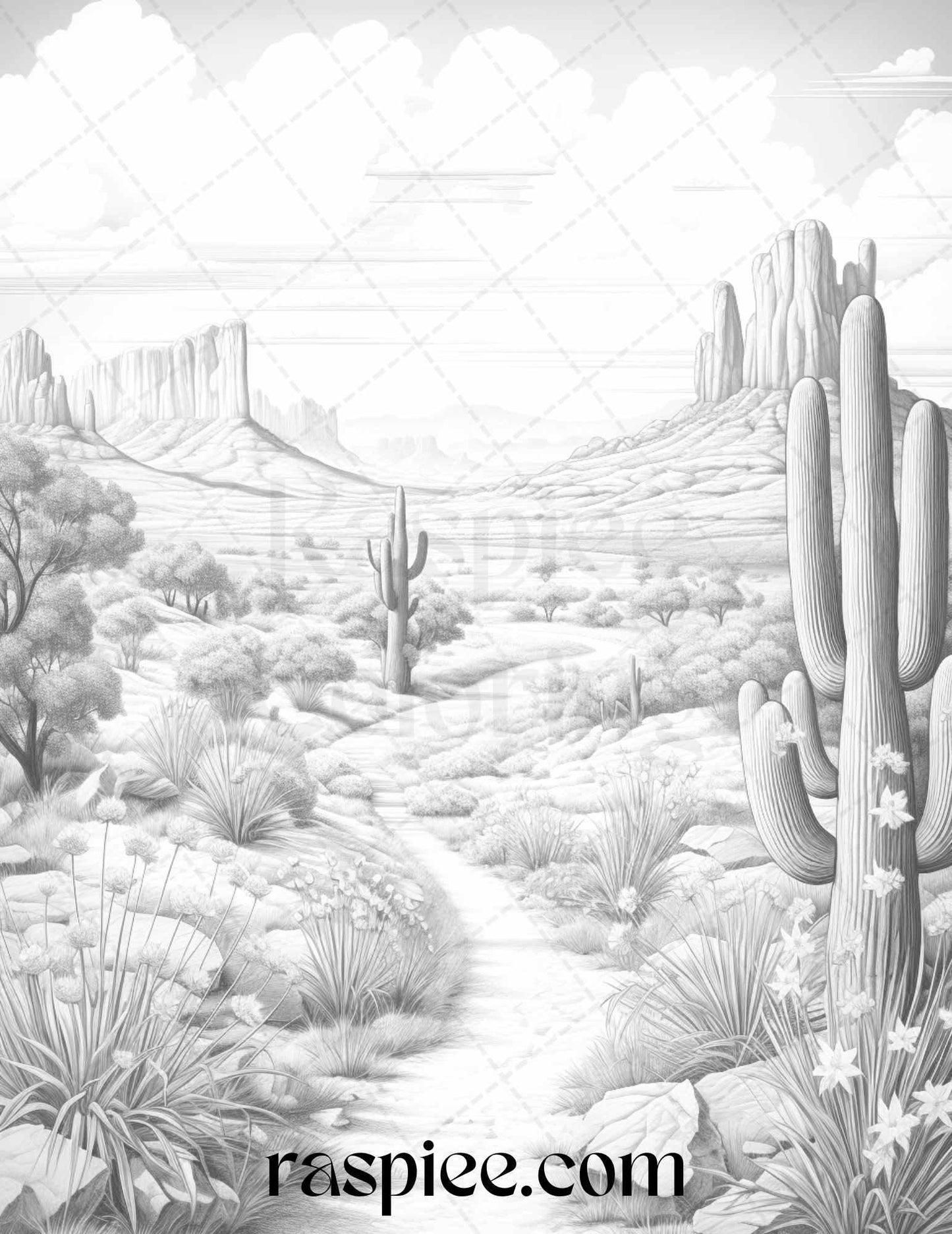 40 Desert Landscapes Grayscale Coloring Pages Printable for Adults, PDF File Instant Download