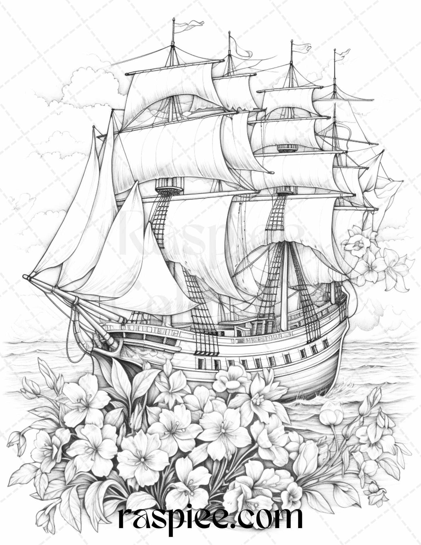 44 Flower Ships Graysale Coloring Pages Printable for Adults, PDF File Instant Download