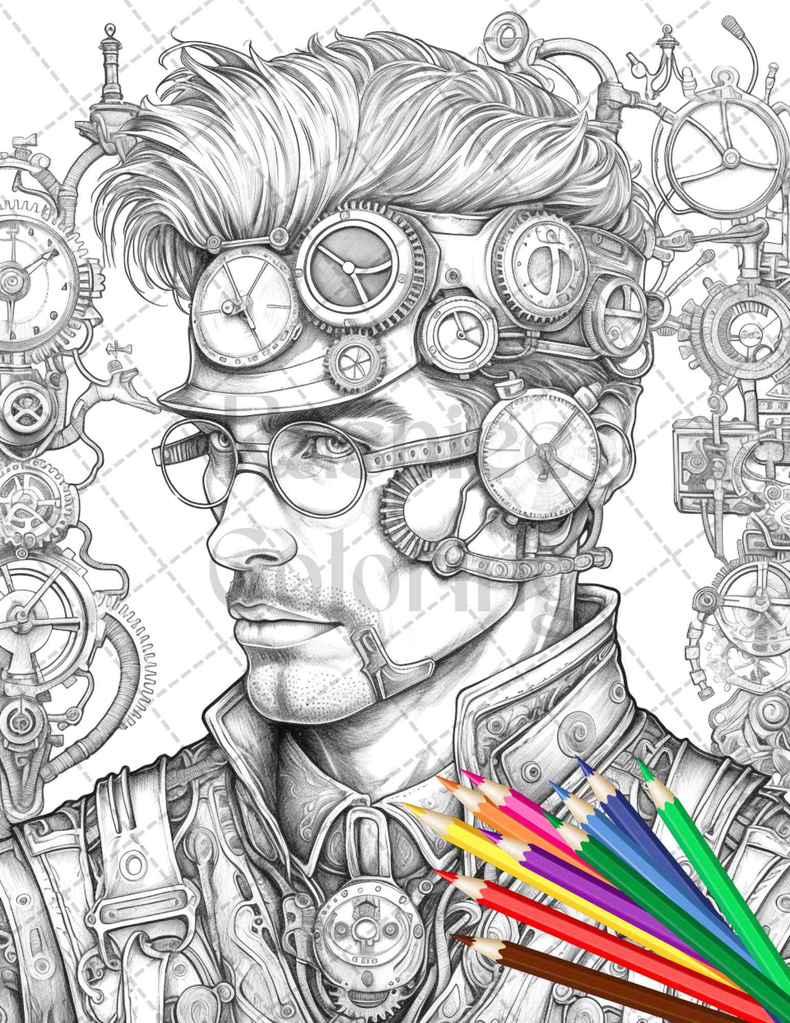 42 Steampunk Mens Grayscale Coloring Pages Printable for Adults, PDF File Instant Download