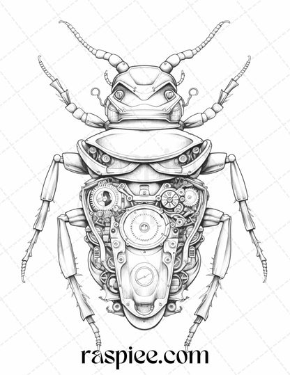 42 Steampunk Bugs Grayscale Coloring Pages Printable for Adults, PDF File Instant Download