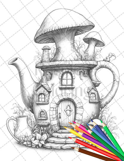 40 Teapot Fairy Houses Grayscale Coloring Pages Printable for Adults, PDF File Instant Download