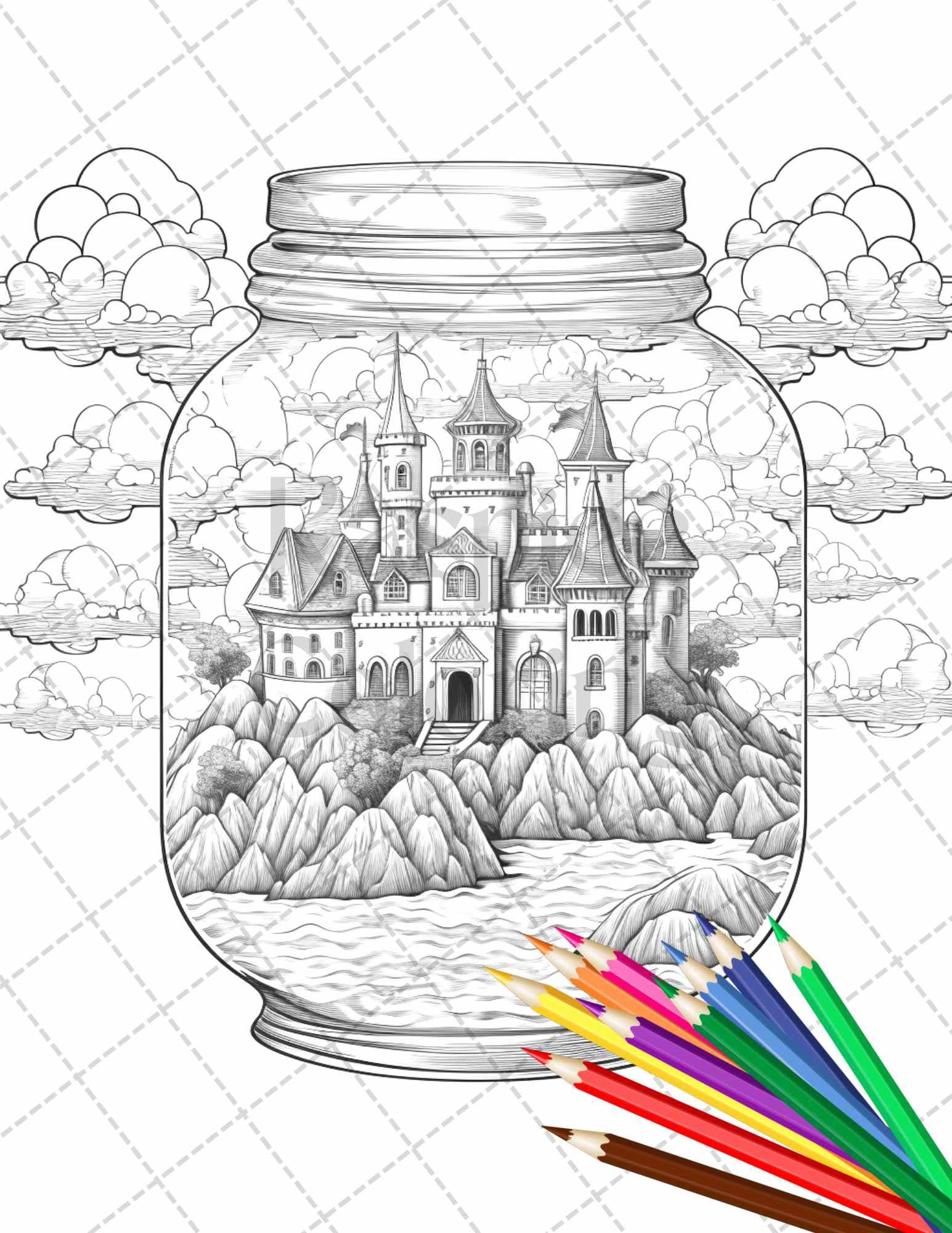 42 Fantasy Castle In Jar Grayscale Coloring Pages Printable for Adults, PDF File Instant Download