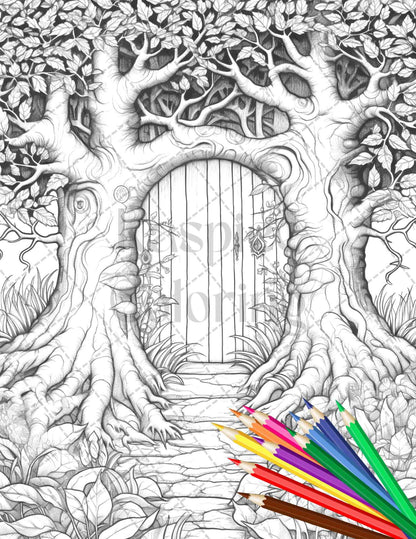 40 Magical Forest Gates Grayscale Coloring Pages Printable for Adults, PDF File Instant Download