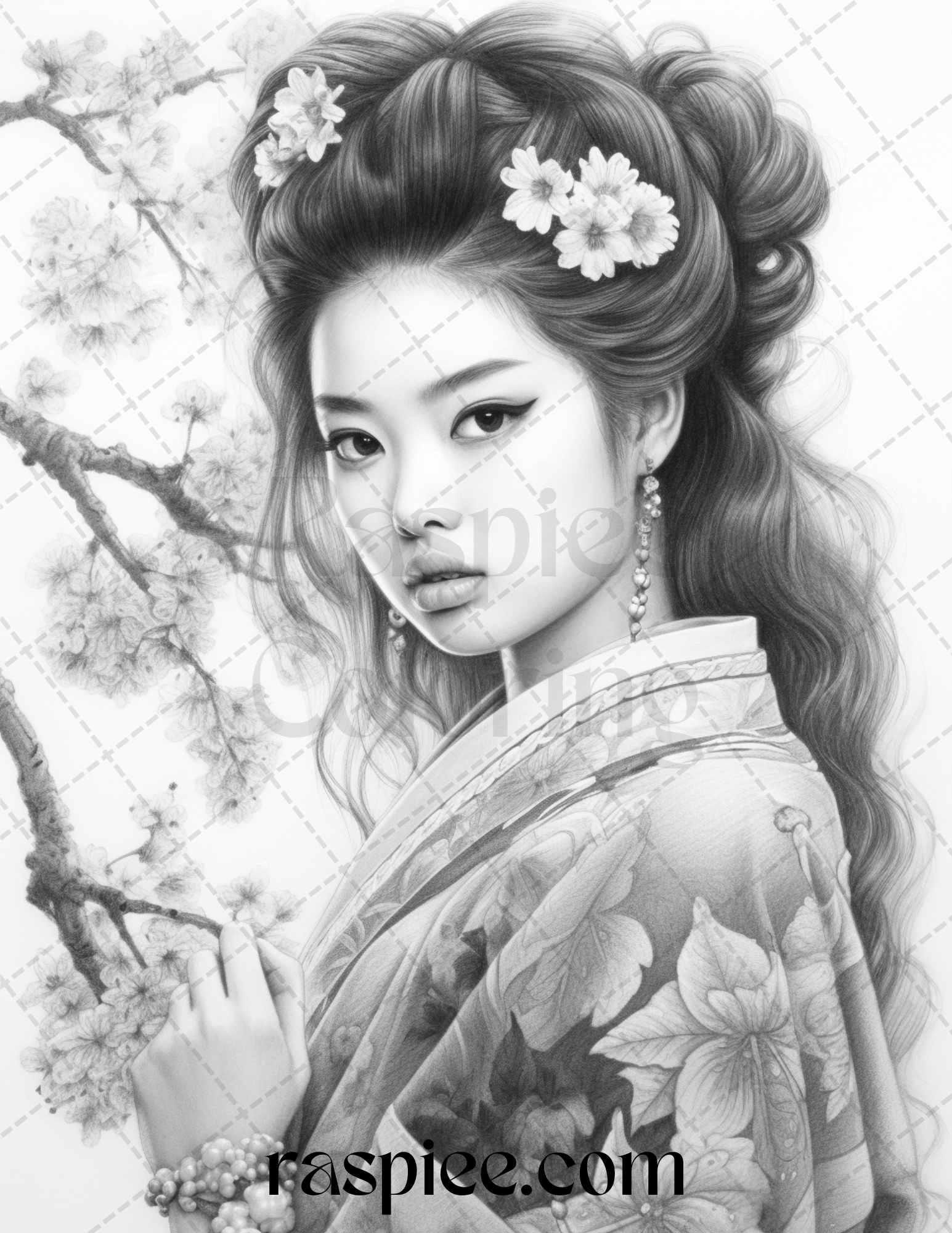 40 Beautiful Japanese Girls Grayscale Coloring Pages Printable for Adults, PDF File Instant Download