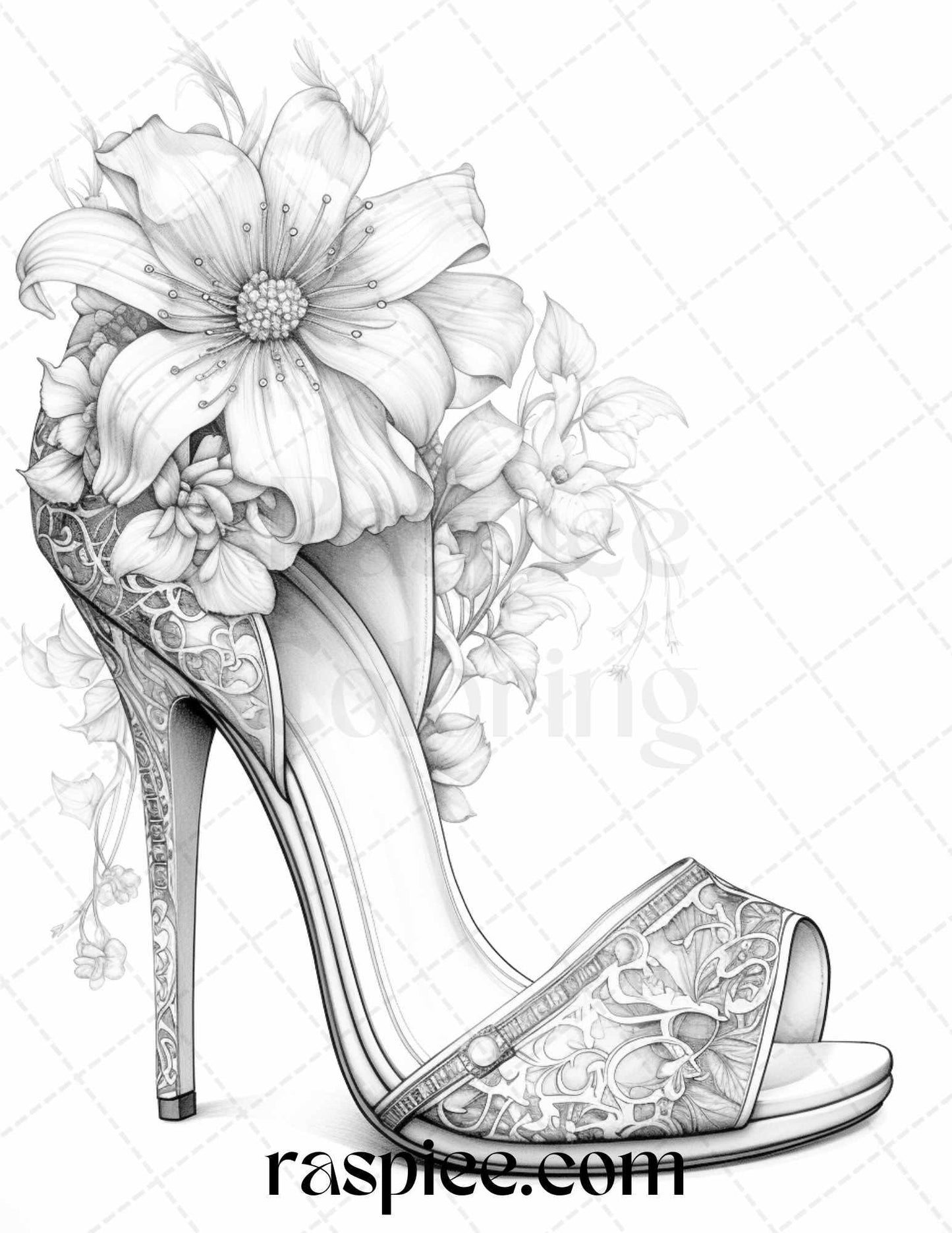 40 Flower Wedding Shoes Grayscale Coloring Pages Printable for Adults, PDF File Instant Download