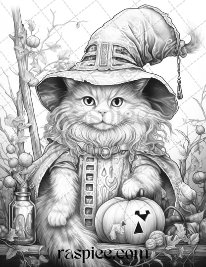 40 Halloween Witch Cat Grayscale Coloring Pages Printable for Adults, PDF File Instant Download