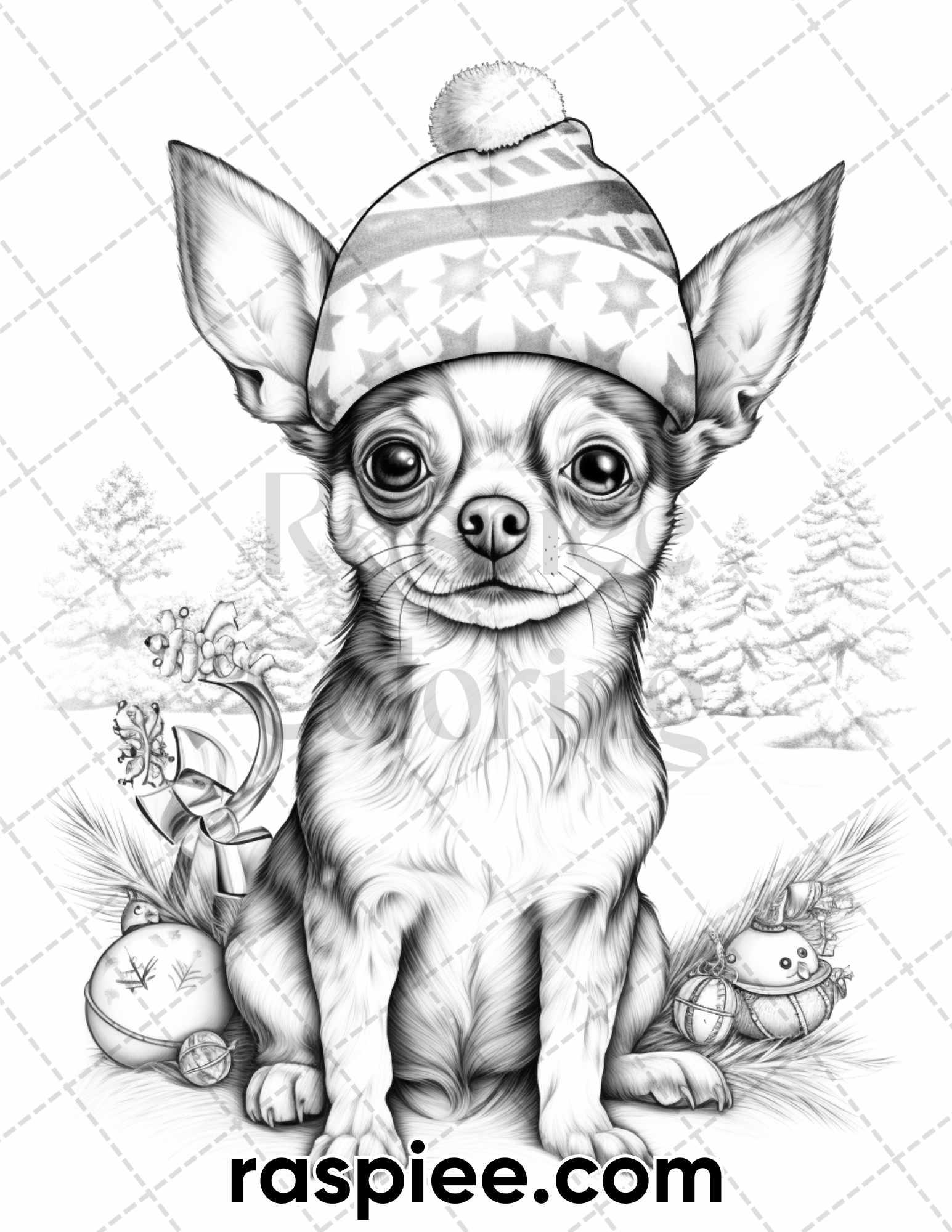 45 Christmas Dogs Grayscale Coloring Pages for Adults, Printable PDF Instant Download