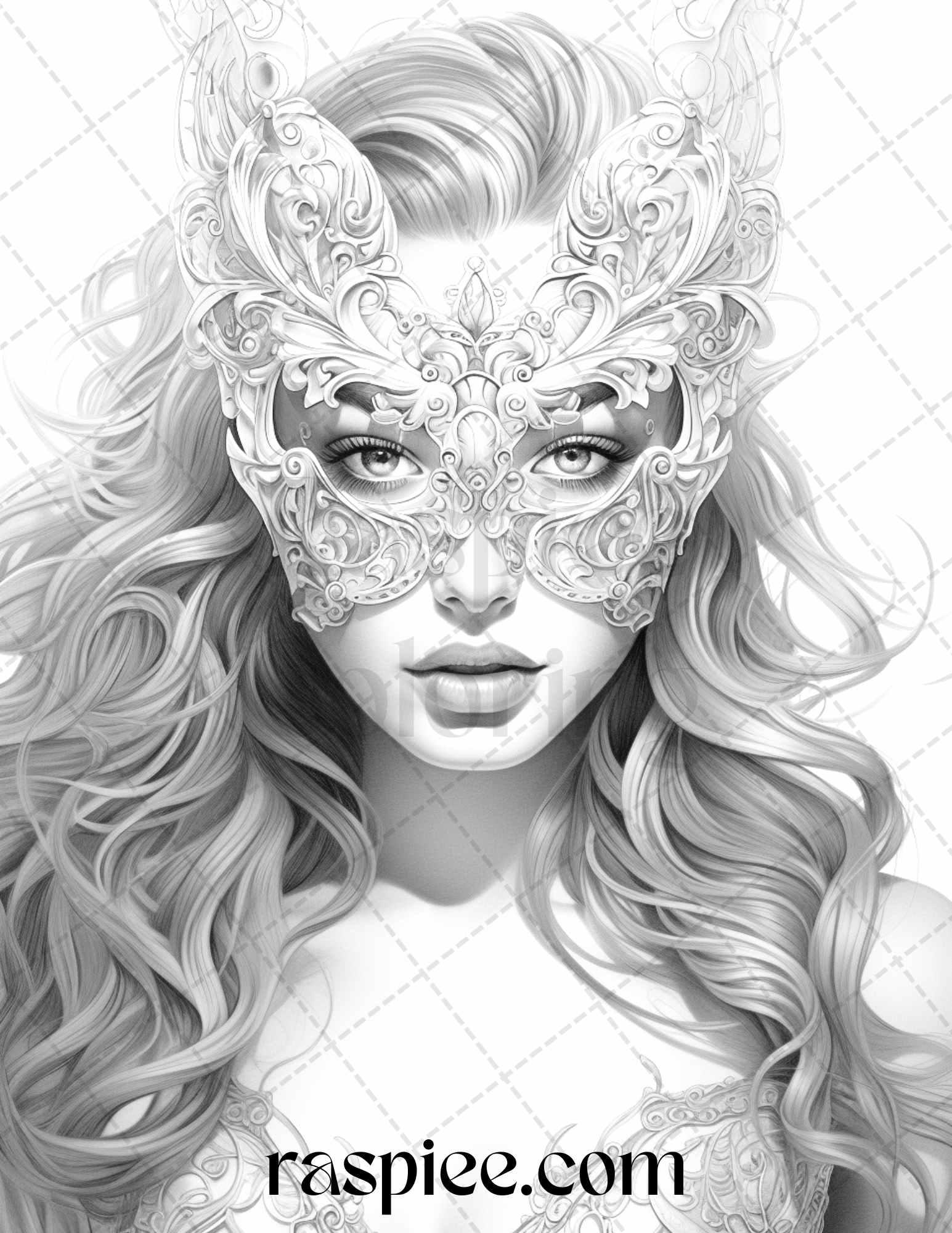 40 Masquerade Girls Grayscale Coloring Pages Printable for Adults, PDF File Instant Download