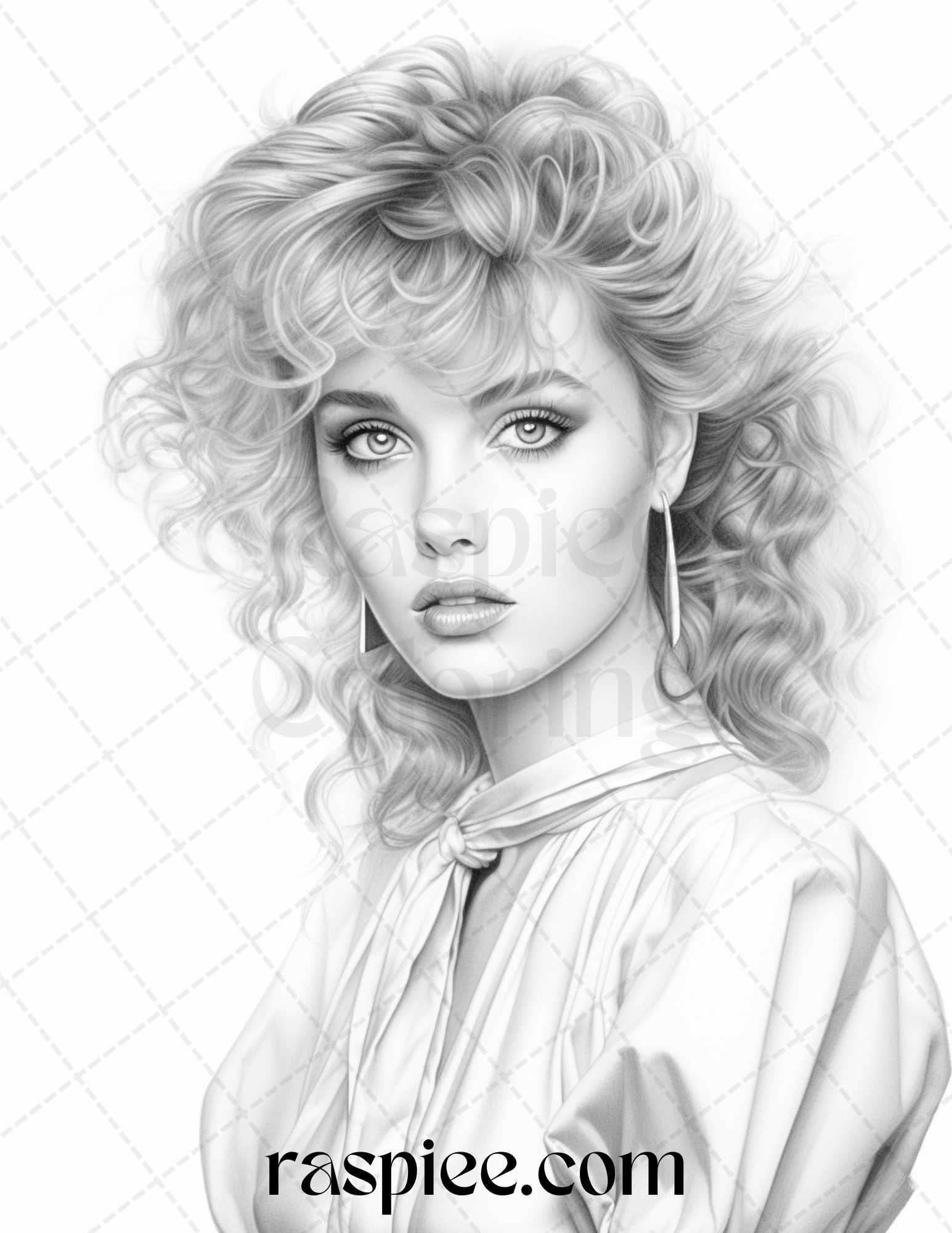 1980s Retro Beautiful Women Grayscale Coloring Pages for Adults, PDF File Instant Download