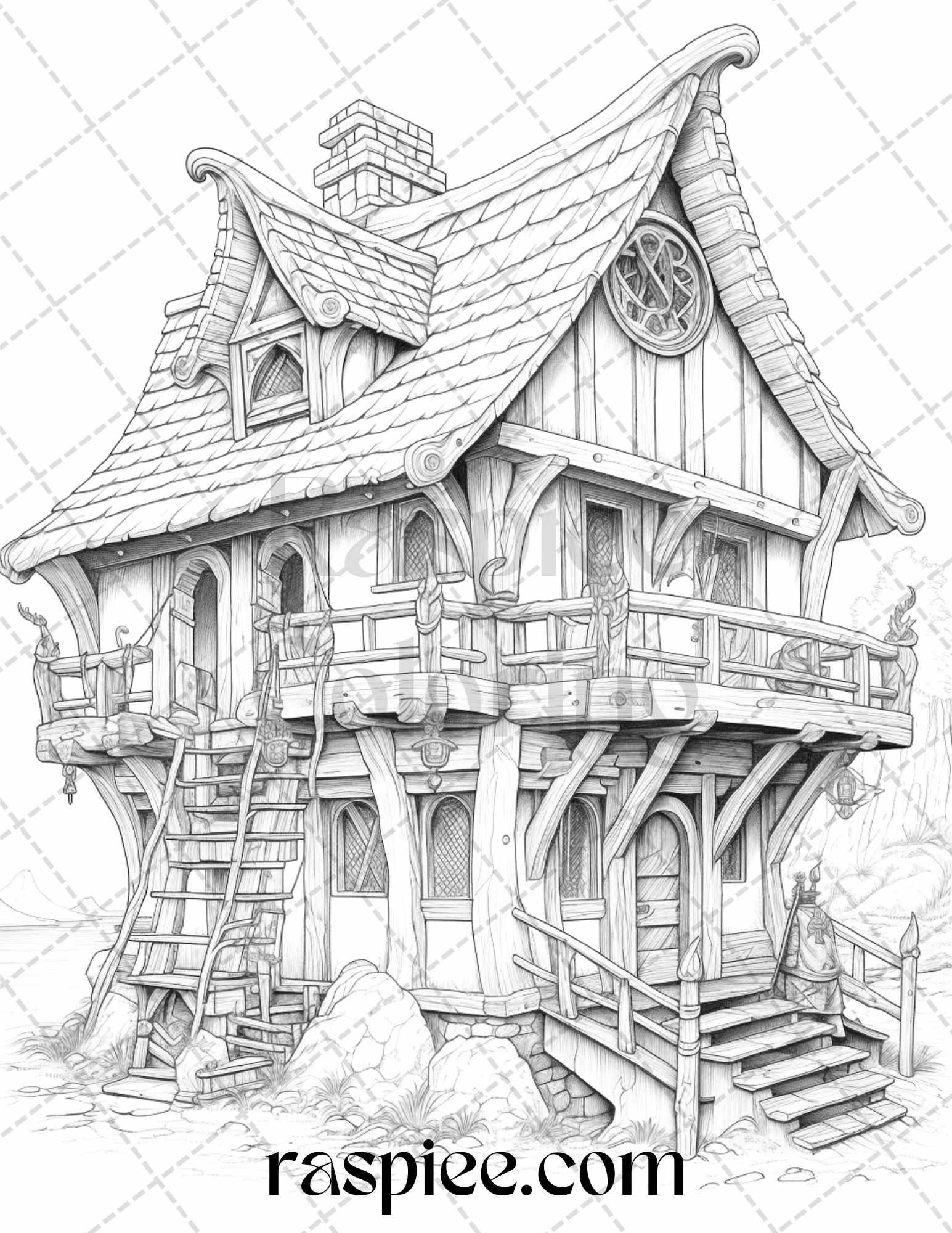 40 Viking Houses Grayscale Coloring Pages Printable for Adults, PDF File Instant Download