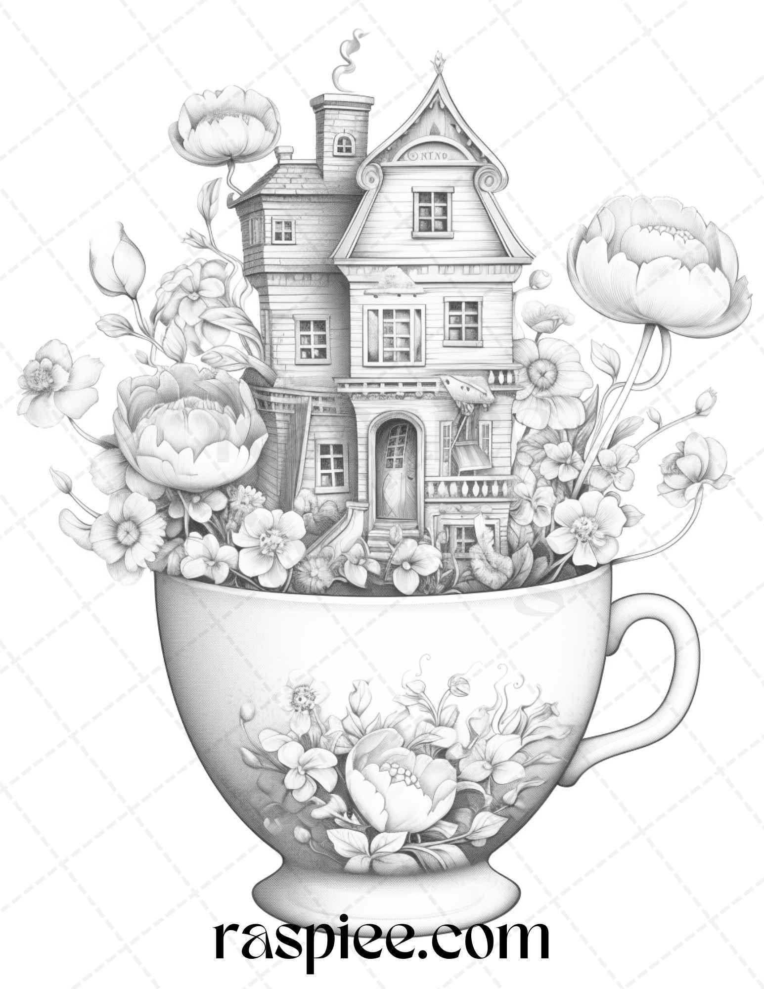 40 Flower Teacup Fairy Houses Grayscale Coloring Pages Printable for Adults, PDF File Instant Download