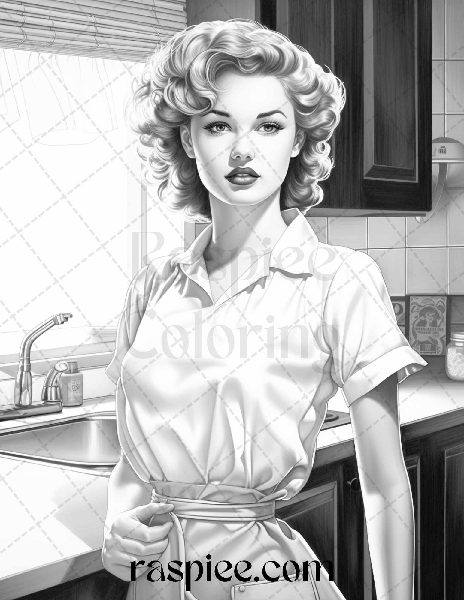 40 Retro Housewives Grayscale Coloring Pages for Adults, Printable PDF File Instant Download