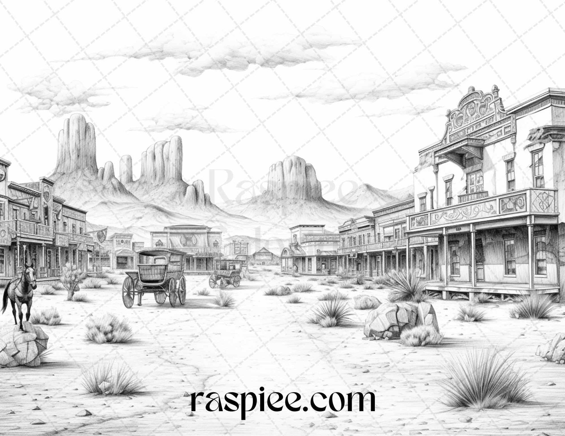 40 Wild West Towns Grayscale Coloring Pages Printable for Adults, PDF File Instant Download