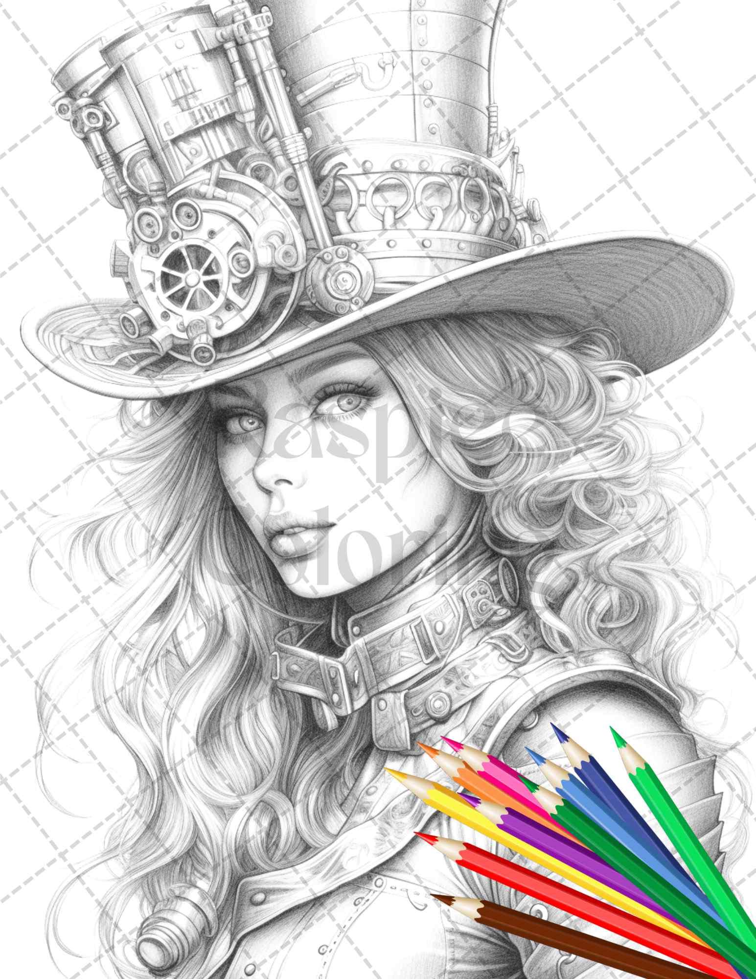 40 Steampunk Ladies Grayscale Coloring Pages Printable for Adults, PDF File Instant Download