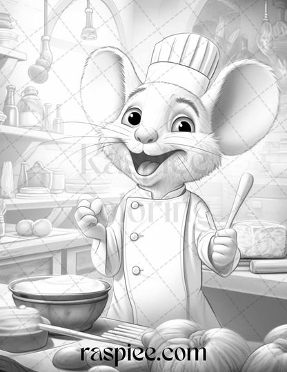 45 Mouse Chef Grayscale Coloring Pages Printable for Adults, PDF File Instant Download