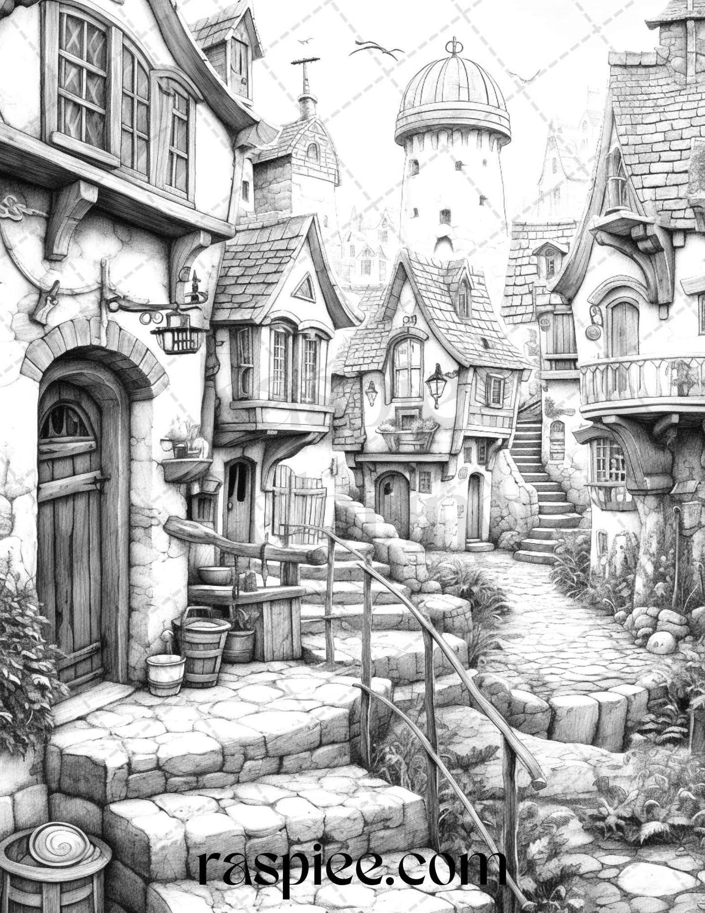 40 Fantasy Village Grayscale Coloring Pages Printable for Adults, PDF File Instant Download