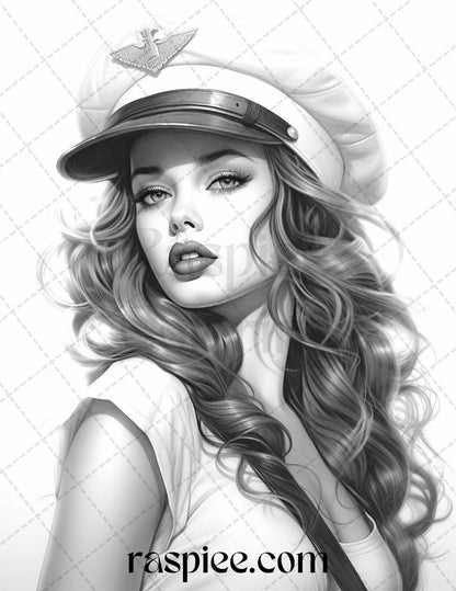 40 Sailor Pin Up Girls Grayscale Coloring Pages Printable for Adults, PDF File Instant Download