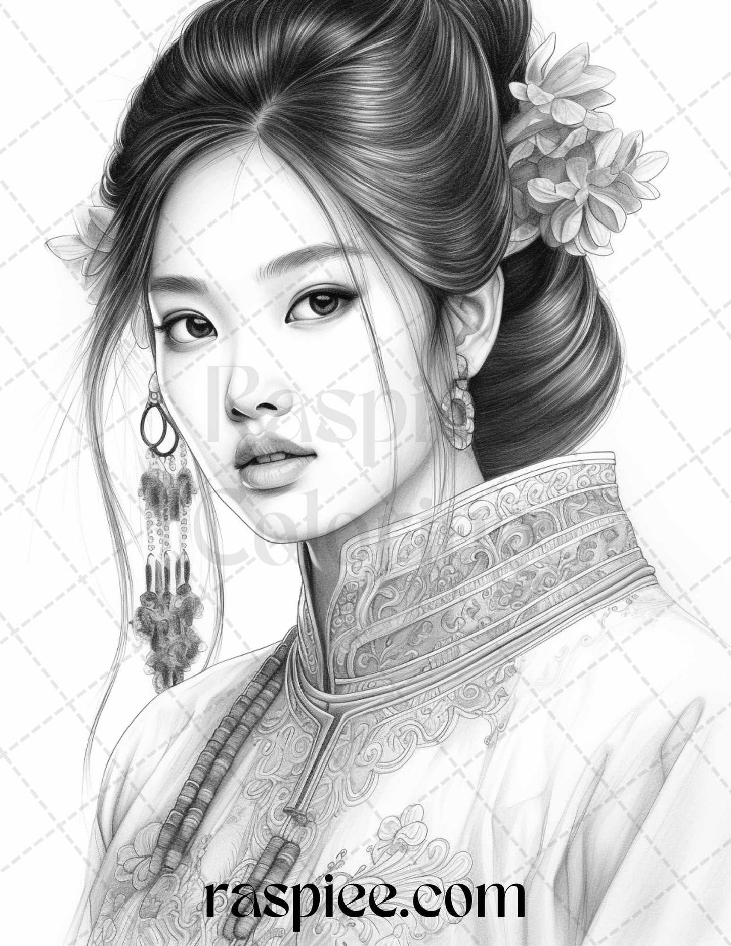 40 Beautiful Chinese Girls Grayscale Coloring Pages for Adults, Printable PDF File Instant Download