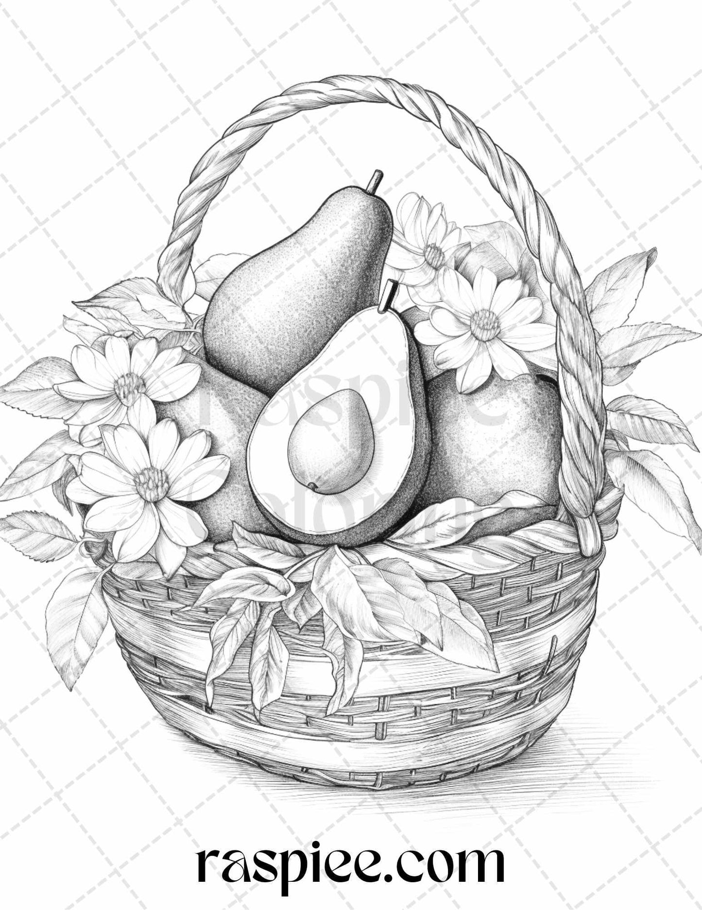 40 Fruit Basket Grayscale Coloring Pages Printable for Adults, PDF File Instant Download