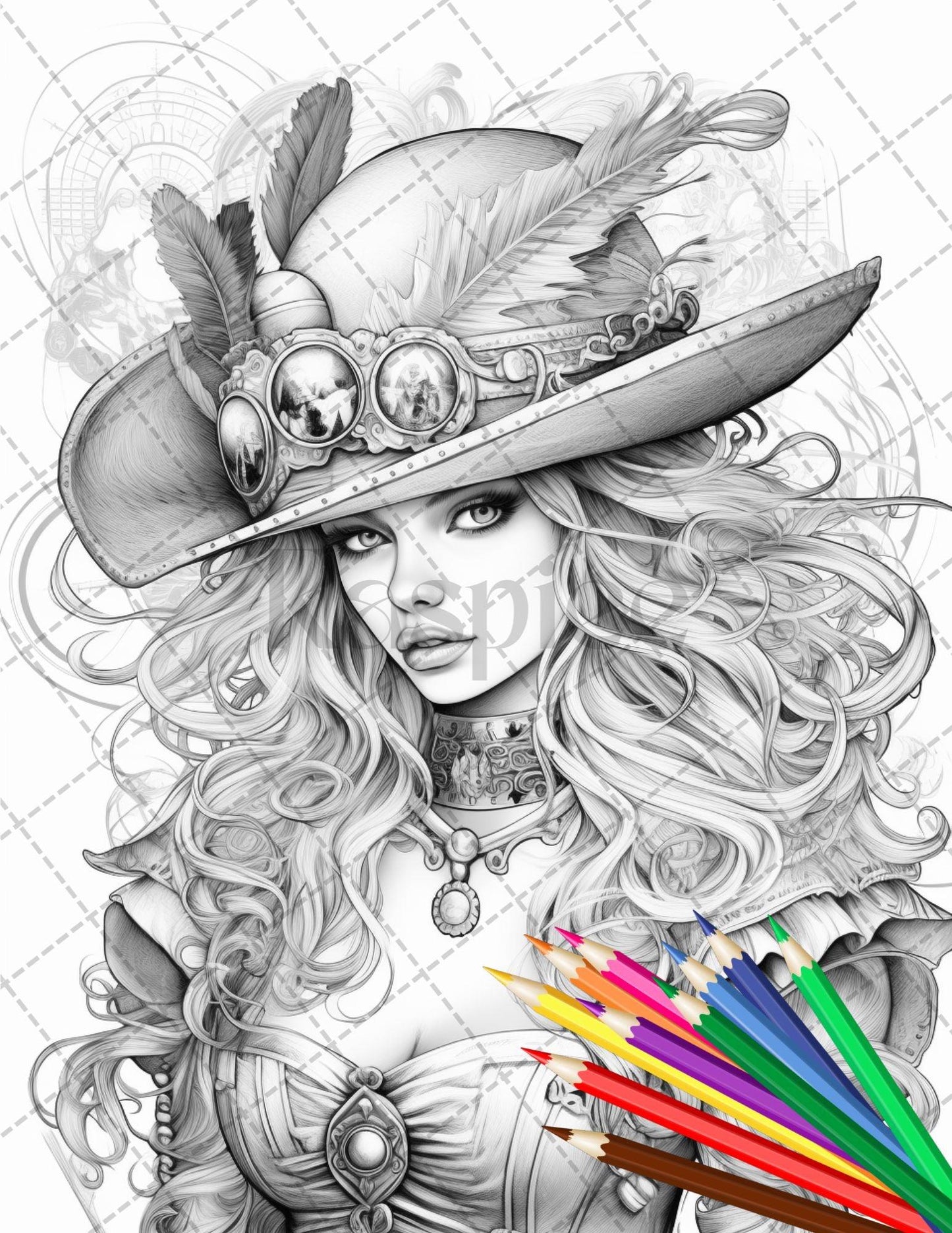 48 Beautiful Pirate Princess Coloring Book Printable for Adults, Grayscale Coloring Page, PDF File Instant Download