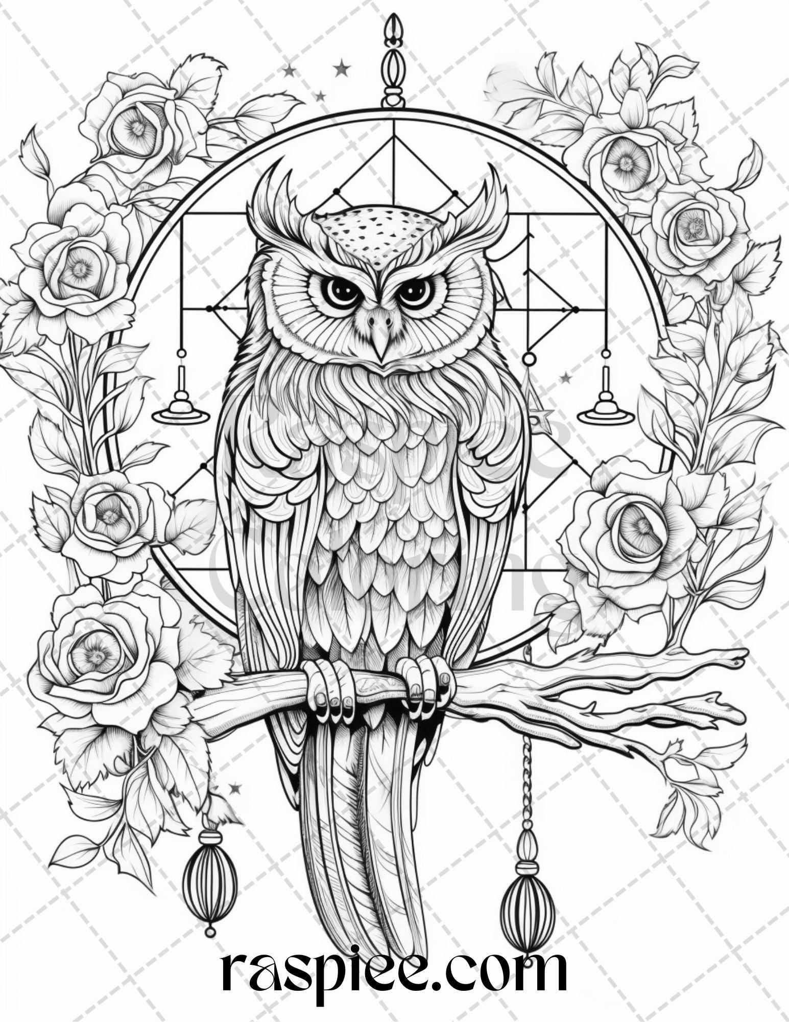 40 Floral Owl Grayscale Printable Coloring Pages for Adults, PDF File Instant Download