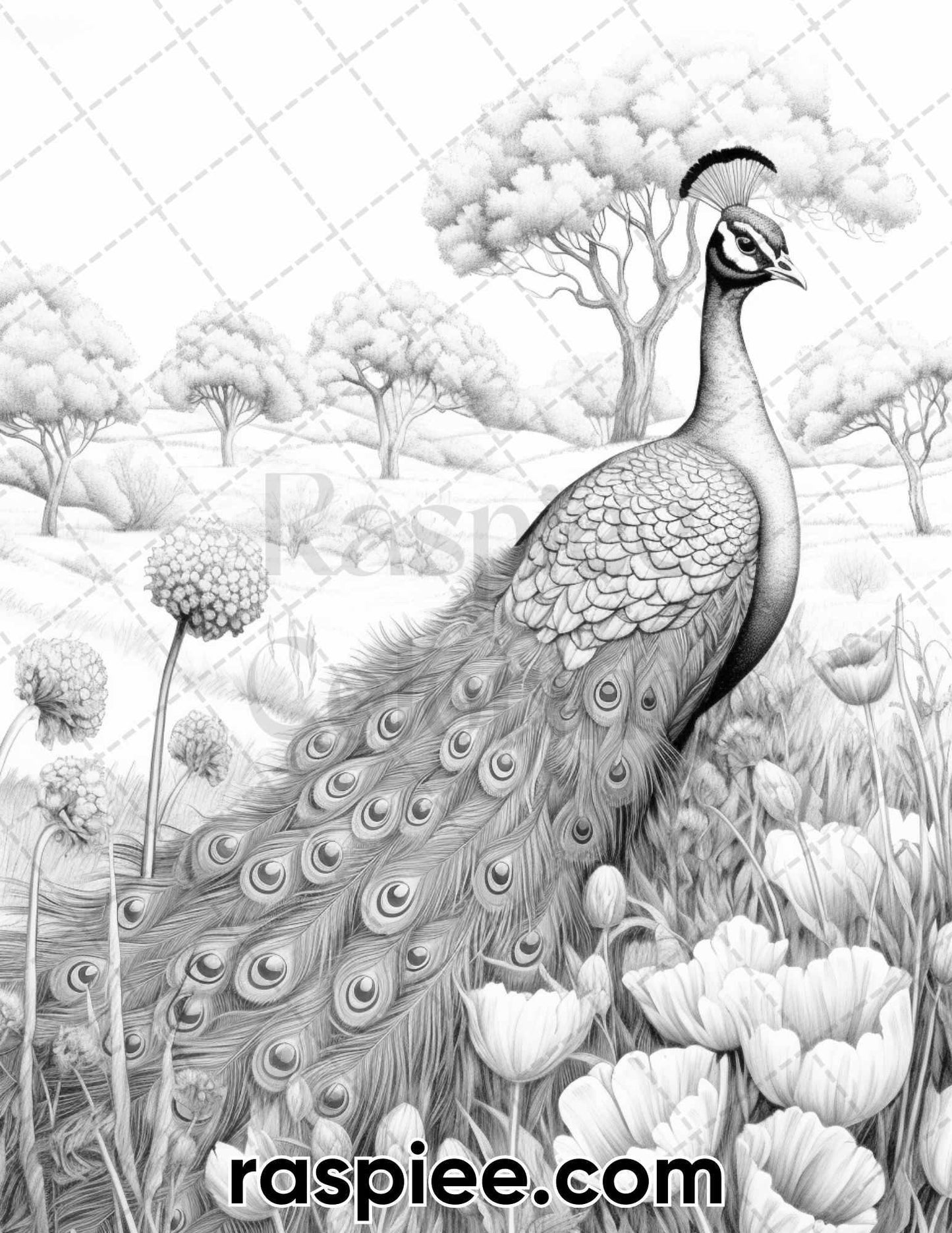 40 Majestic Peacocks Grayscale Adult Coloring Pages, Printable PDF Instant Download