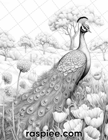 40 Majestic Peacocks Grayscale Adult Coloring Pages, Printable PDF Instant Download