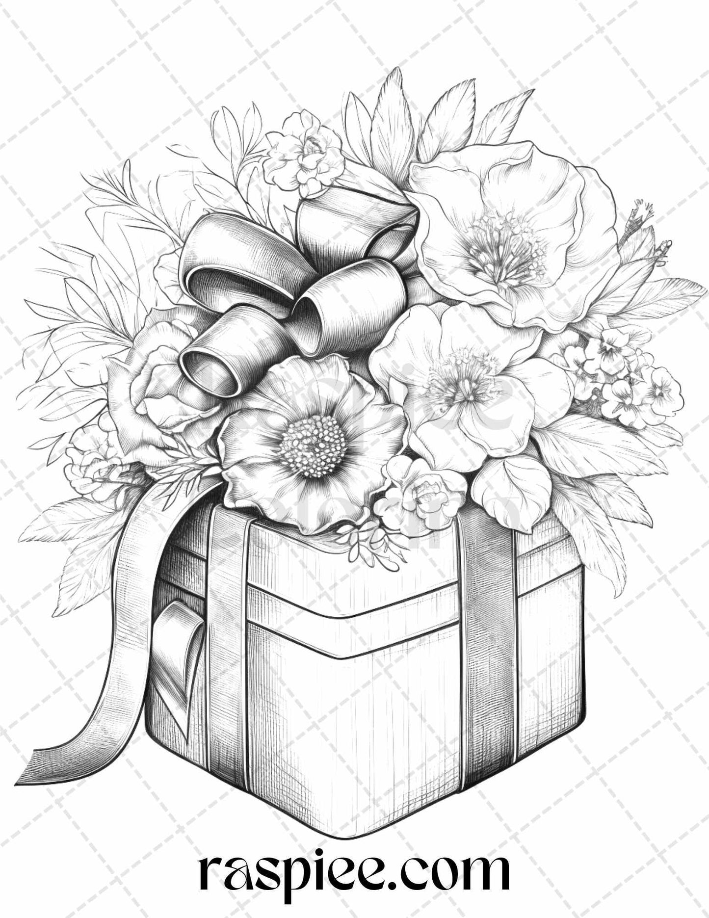 40 Flower Gift Box Grayscale Coloring Pages Printable for Adults Kids, PDF File Instant Download