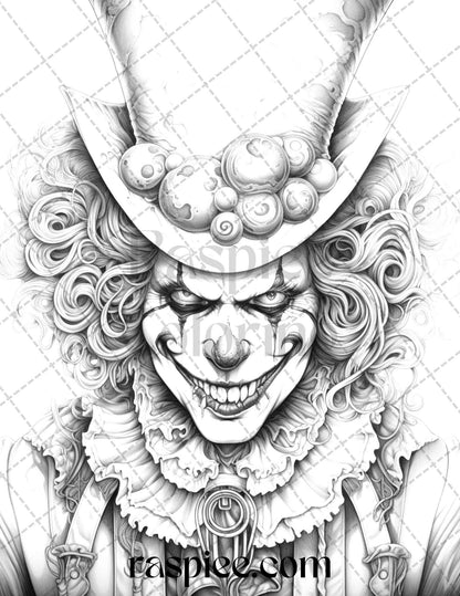 40 Spooky Clowns Grayscale Coloring Pages Printable for Adults, PDF File Instant Download