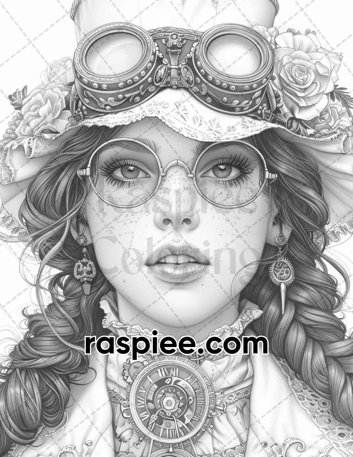 65 Gothic Steampunk Girls Grayscale Adult Coloring Pages, Printable PDF Instant Download