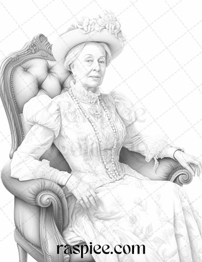 50 Victorian Grandma Grayscale Coloring Pages Printable for Adults, PDF File Instant Download