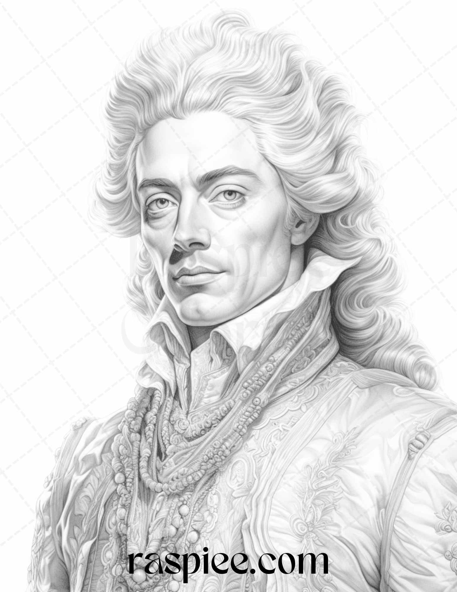 50 Baroque Man Portrait Grayscale Graysale Coloring Pages Printable for Adults, PDF File Instant Download