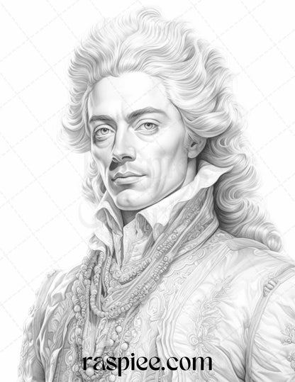 50 Baroque Man Portrait Grayscale Graysale Coloring Pages Printable for Adults, PDF File Instant Download