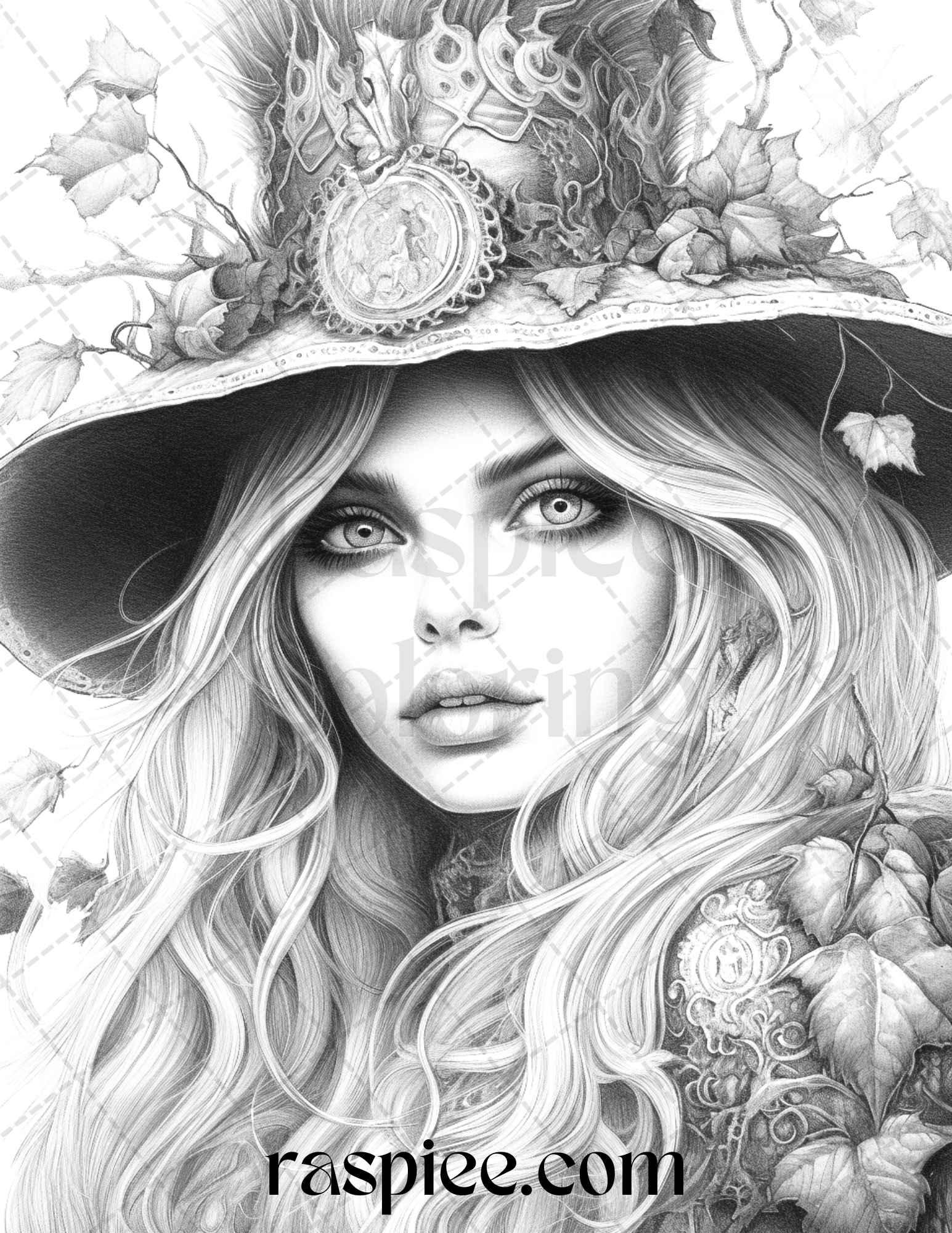 40 Beautiful Witches Grayscale Coloring Pages Printable for Adults, PDF File Instant Download