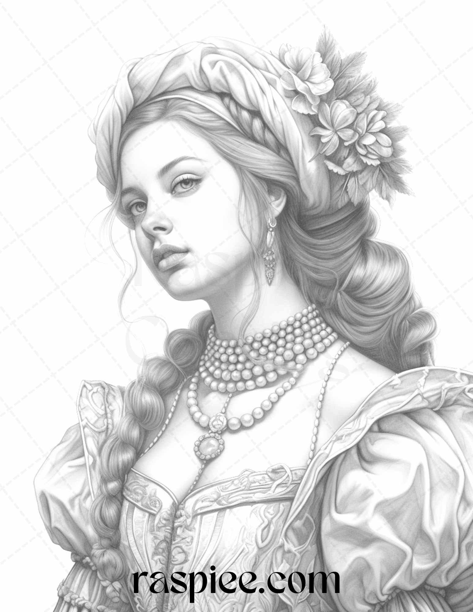 40 Baroque Women Portrait Grayscale Adult Coloring Pages Printable, PDF File Instant Download