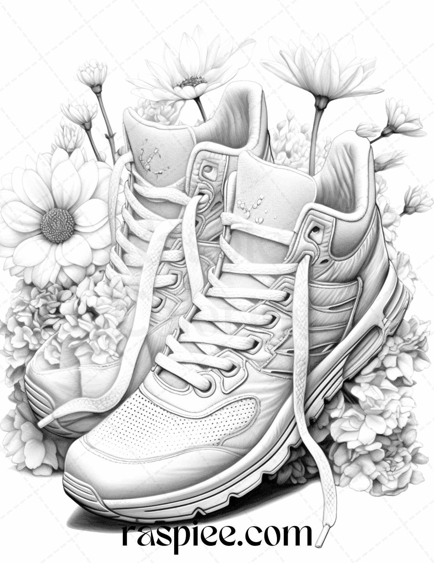 40 Flower Sneakers Grayscale Coloring Pages Printable for Adults, PDF File Instant Download