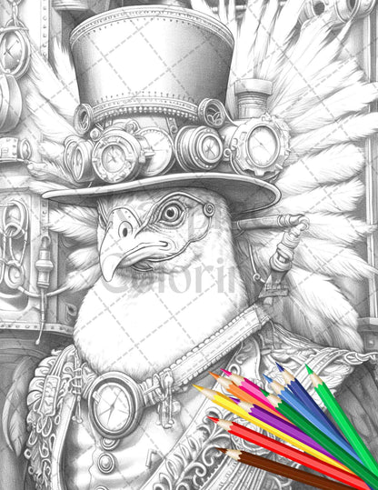 45 Steampunk Animals Grayscale Coloring Pages Printable for Adults Vol. 2, PDF File Instant Download