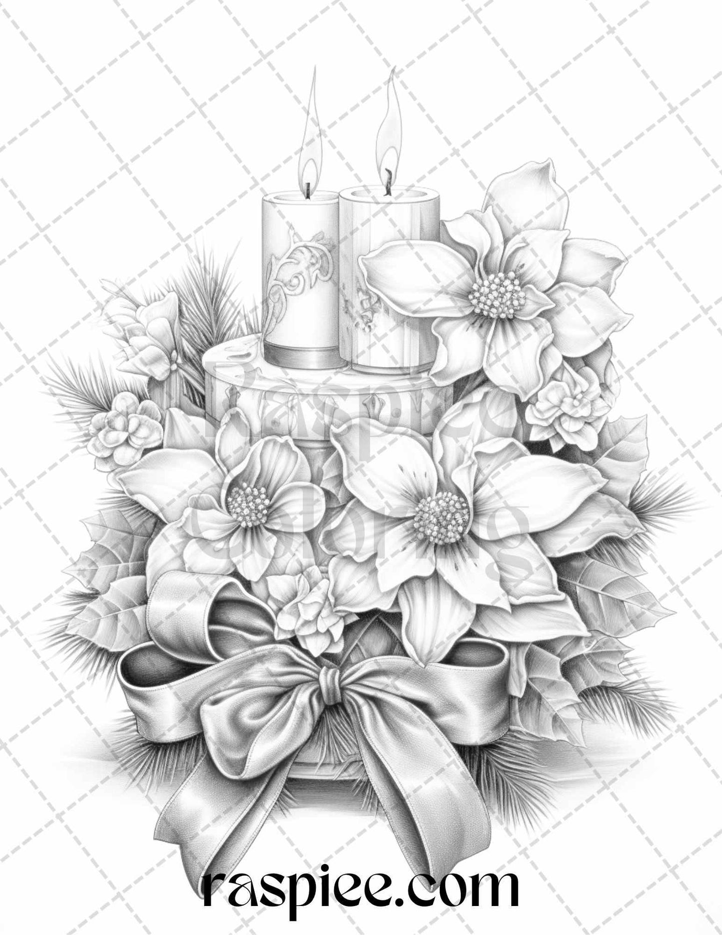 45 Christmas Flowers Grayscale Coloring Pages Printable for Adults, PDF File Instant Download