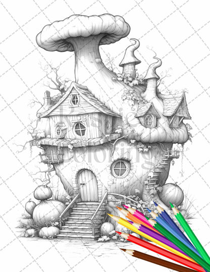 40 Pumpkin Fairy Houses Grayscale Coloring Pages Printable for Adults, PDF File Instant Download