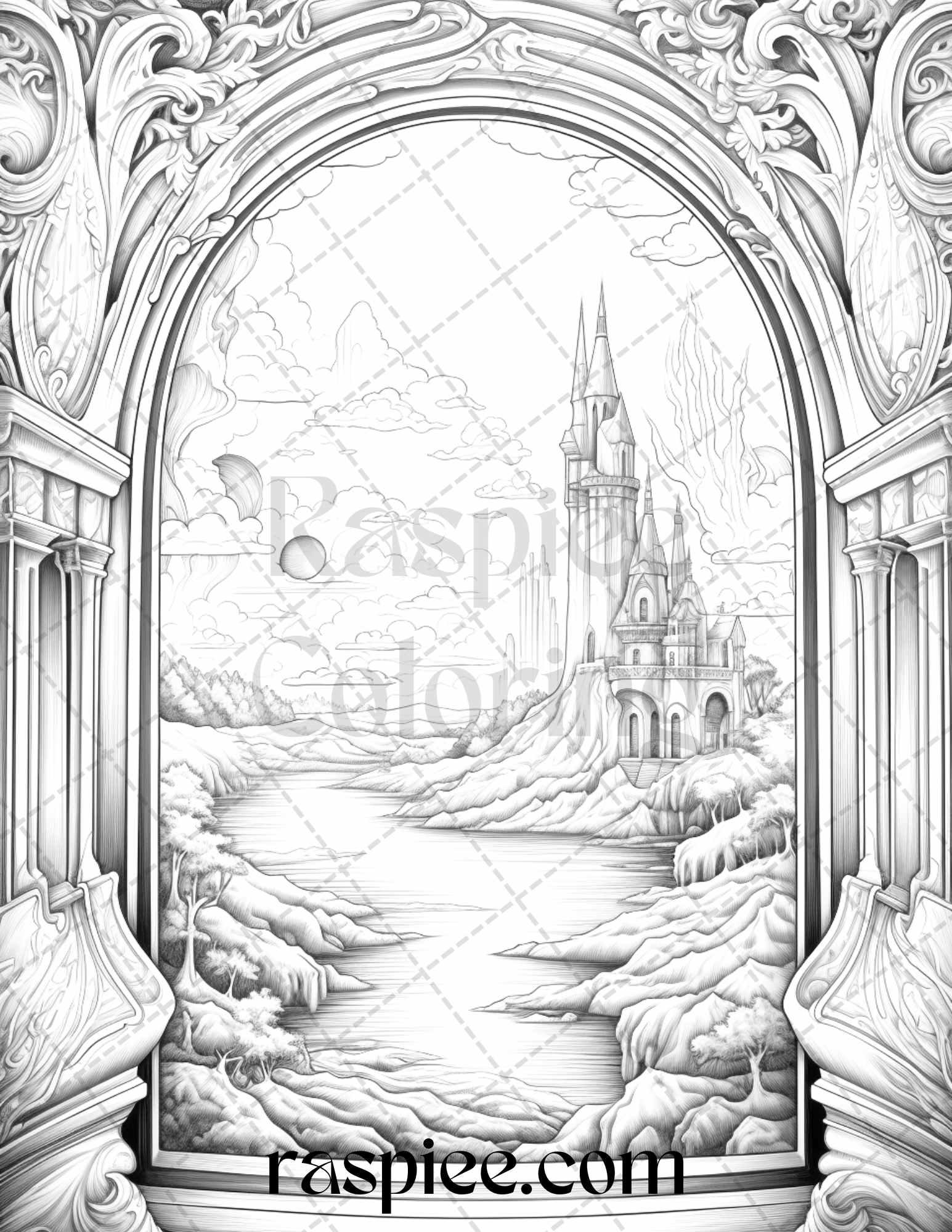 40 Window to Fantasy Worlds Grayscale Coloring Pages Printable for Adults, PDF File Instant Download