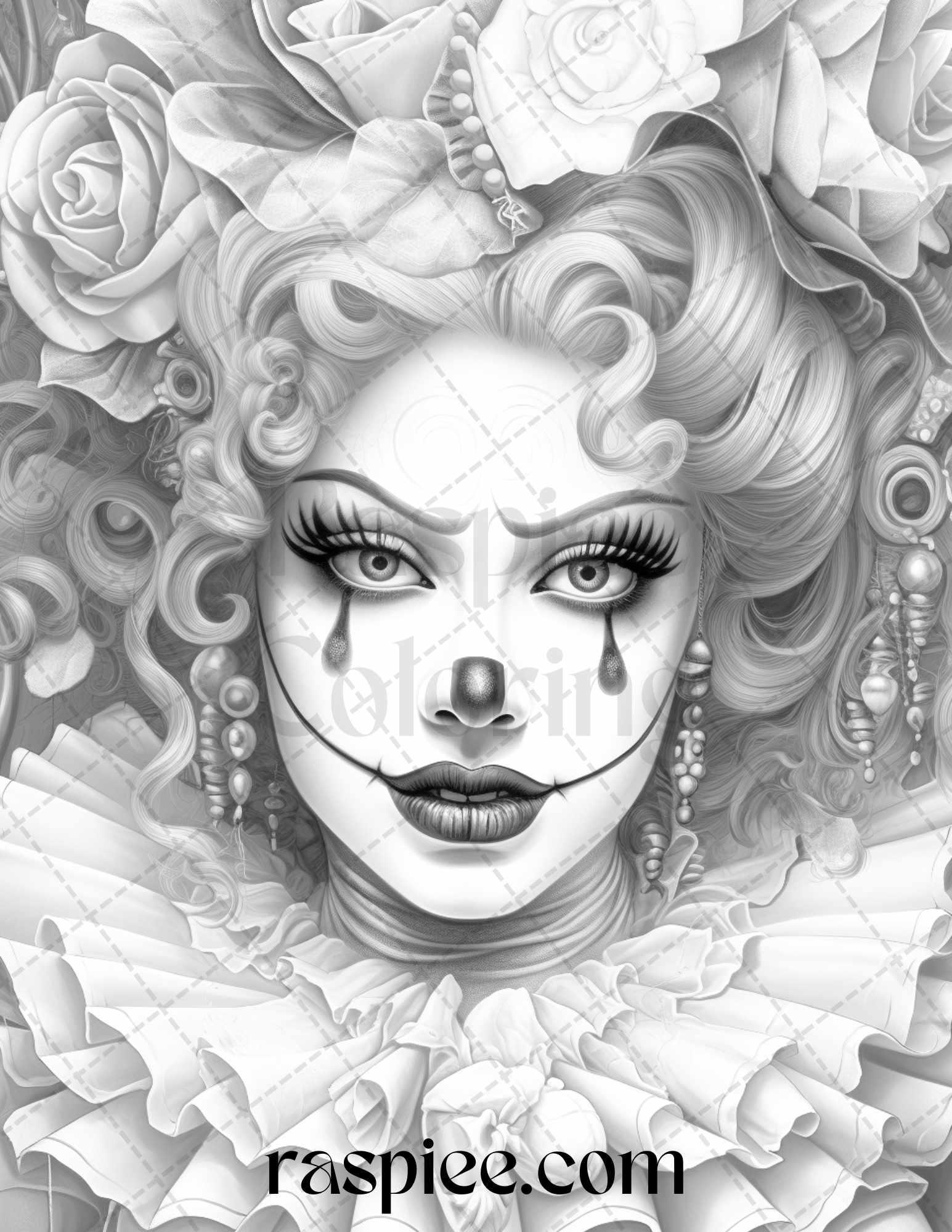 42 Beautiful Clown Girls Grayscale Coloring Pages Printable for Adults, PDF File Instant Download