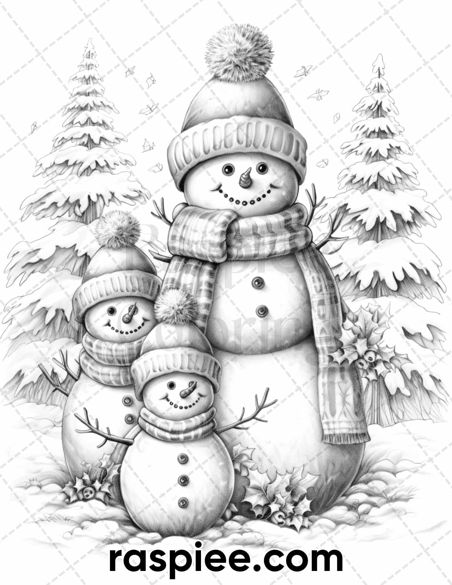 40 Chistmas Snowman Grayscale Coloring Pages for Adults, Printable PDF Instant Download