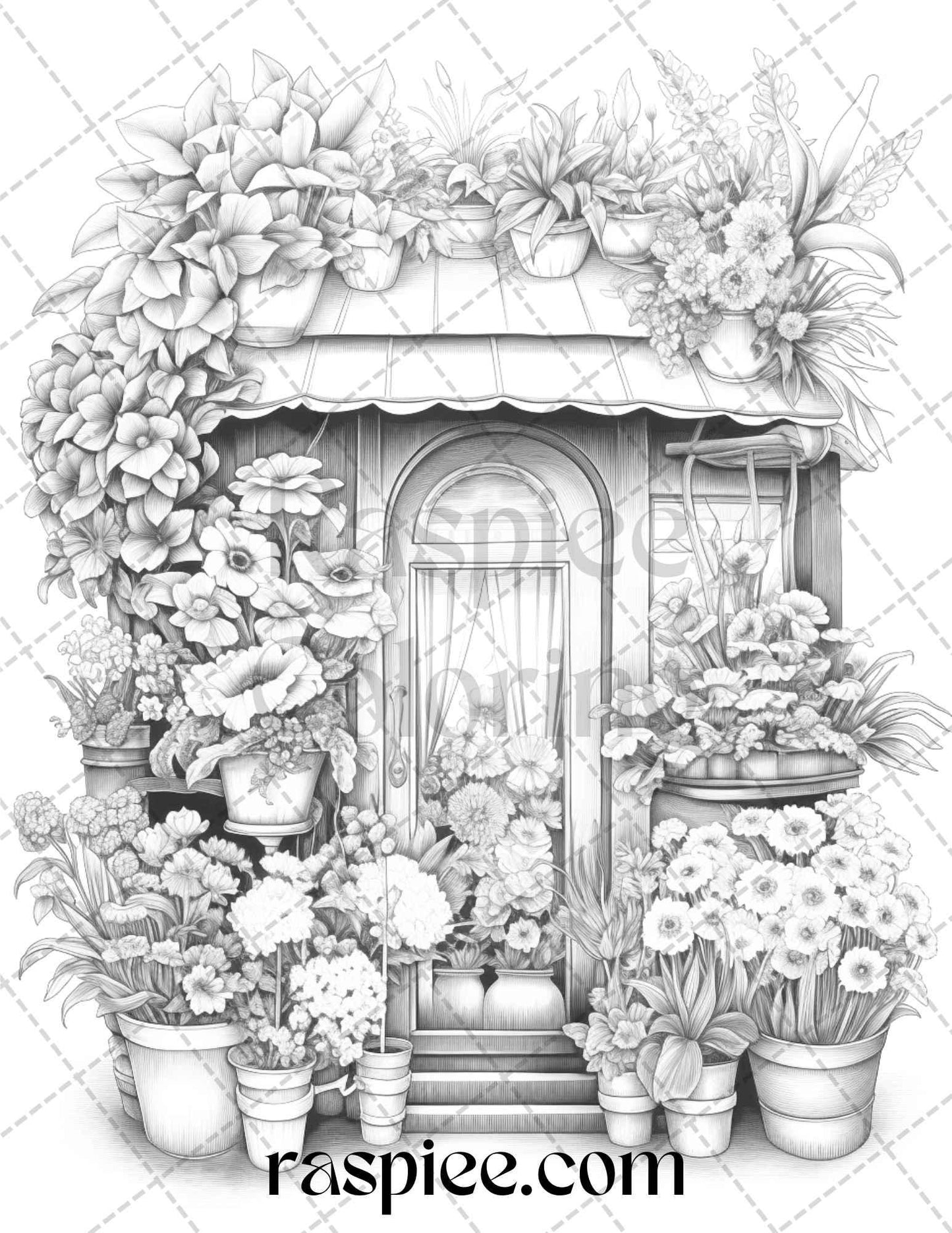 45 Flower Store Front Grayscale Coloring Pages Printable for Adults, PDF File Instant Download