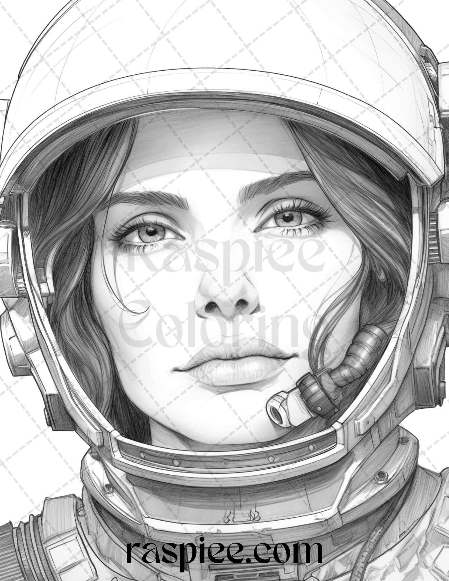 50 Astronaut Girl Portrait Grayscale Coloring Pages Printable for Adults, PDF File Instant Download