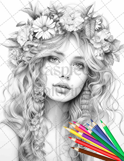 43 Beautiful Hippie Girls Grayscale Coloring Pages Printable for Adults, PDF File Instant Download