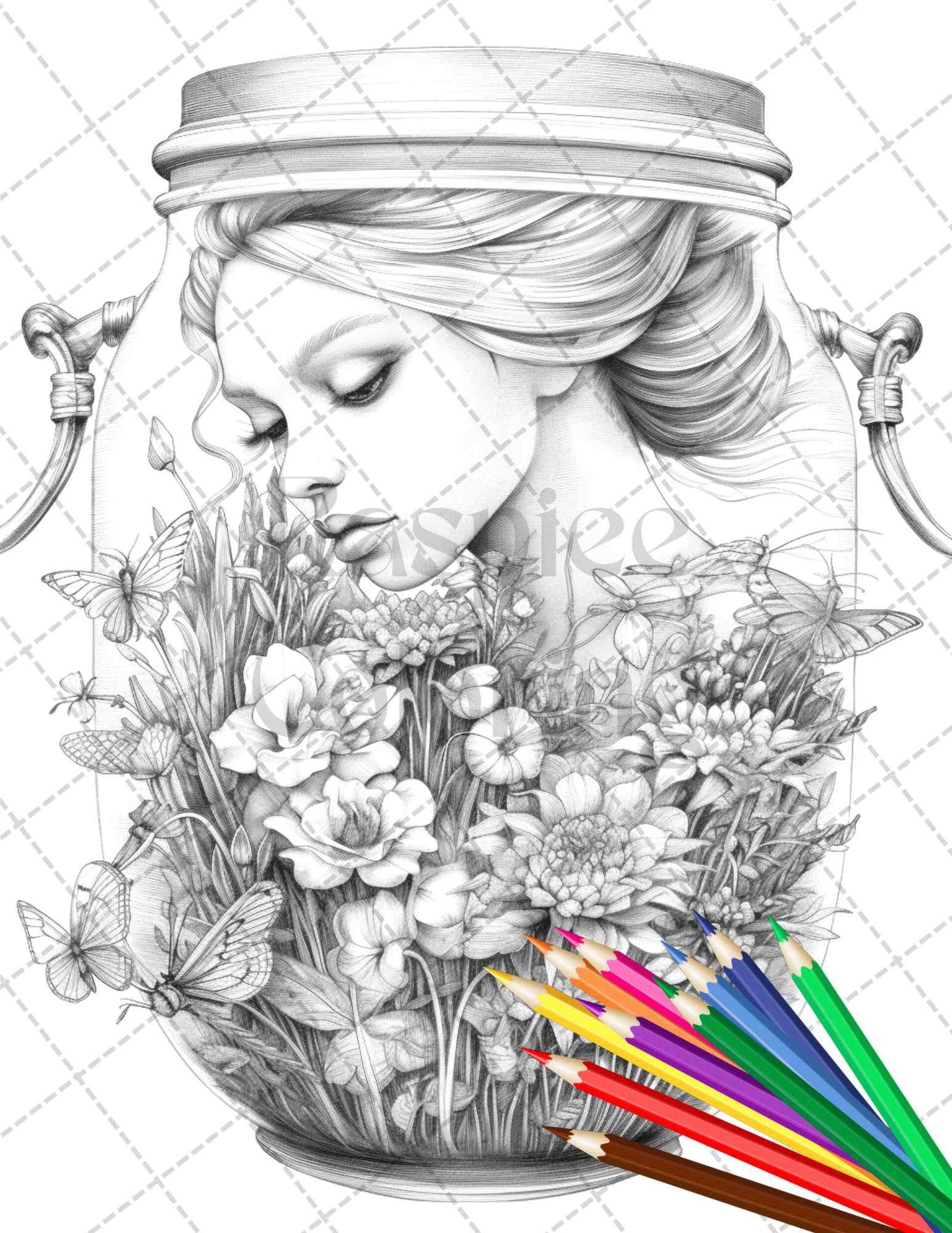 40 Beautiful Fairies in Jar Grayscale Coloring Pages Printable for Adults, PDF File Instant Download